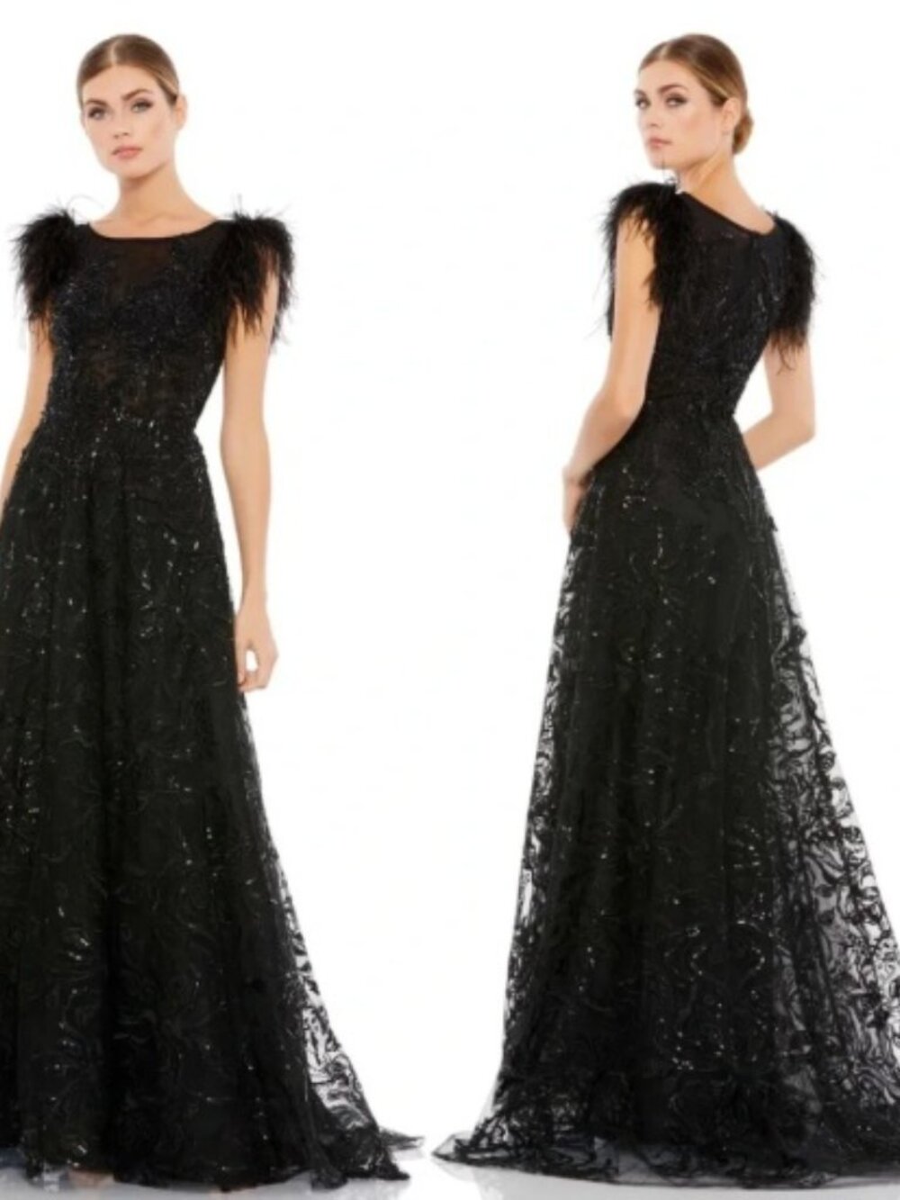 Mac Duggal 20296 Embellished Feather Cap Sleeve Bateau A-Line Gown 18 NWT